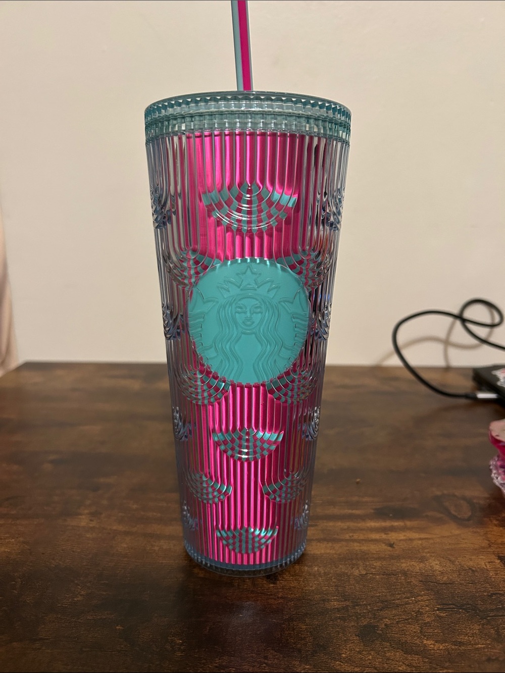 Starbucks Teal Accent Ribbed Pink Tumbler with Straw